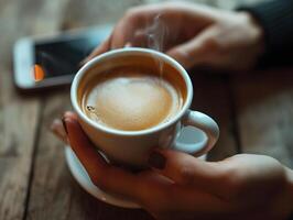 ai generato giovane donna prende un' rompere potabile caldo caffè con Fumo dopo lettura o studiando su un' di legno tavolo. selettivo messa a fuoco su tazza foto