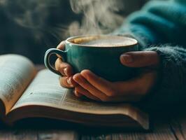 ai generato giovane donna prende un' rompere potabile caldo caffè con Fumo dopo lettura o studiando su un' di legno tavolo. selettivo messa a fuoco su tazza foto