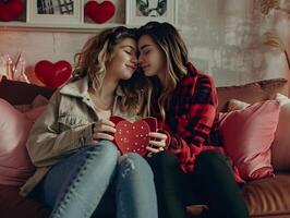 ai generato caldo Natale giorno con un' contento lesbica coppia nel loro casa, in mezzo amore e un' caldo atmosfera. lgbt foto