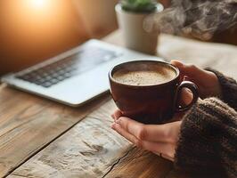 ai generato giovane donna prende un' rompere potabile caldo caffè con Fumo dopo studiando o Lavorando su un' di legno tavolo. selettivo messa a fuoco su tazza foto