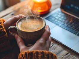 ai generato giovane donna prende un' rompere potabile caldo caffè con Fumo dopo studiando o Lavorando su un' di legno tavolo. selettivo messa a fuoco su tazza foto