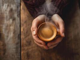 ai generato avvicinamento di donna di mano Tenere un' caldo caffè boccale con Fumo su il sfondo di un' di legno tavolo. donna Riempimento boccale con caldo fresco caffè nel un' mattina. vicino su tiro foto