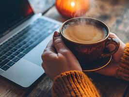 ai generato giovane donna prende un' rompere potabile caldo caffè con Fumo dopo studiando o Lavorando su un' di legno tavolo. selettivo messa a fuoco su tazza foto