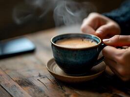 ai generato giovane donna prende un' rompere potabile caldo caffè con Fumo dopo lettura o studiando su un' di legno tavolo. selettivo messa a fuoco su tazza foto