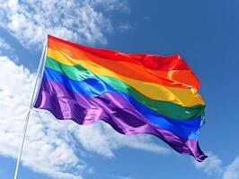 ai generato il arcobaleno bandiera mosche con orgoglio nel il cielo con nuvole, simboleggiante orgoglio, unità, diversità e pari diritti. foto