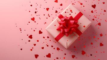 ai generato sorpresa vacanza regalo scatola con rosso nastro su un' festivo sfondo, Perfetto per Natale, San Valentino giorno, compleanni, anniversari, e altro gioioso celebrazioni foto