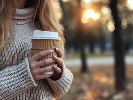 ai generato ritagliata Immagine di giovane donna potabile porta via caffè mentre a piedi nel autunno parco. selettivo messa a fuoco su tazza foto