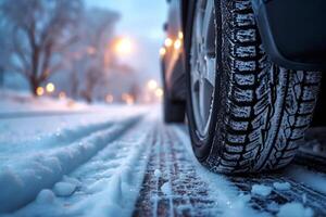 ai generato inverno pneumatico presa vicino su di auto pneumatici su un' nevoso strada foto