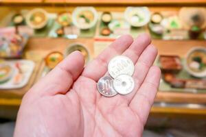 avvicinamento Giappone yen monete su mano davanti di sfocato giapponese ristorante Schermo, foto
