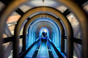 il giapponese amante andando giù il tunnel leggero scala mobile di umeda cielo costruzione, il uno di turista popolare punti di riferimento nel osaka città. foto