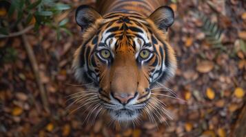 ai generato gratuito foto di un' tigre nel il giungla guardare a il telecamera