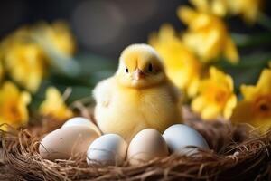 ai generato Pasqua primavera tavolo ambientazione decorazione, uova nel nido, fresco giallo tulipani, ai generato foto