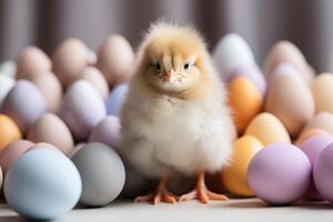 ai generato carino Pasqua pollo con uova. ai generato foto