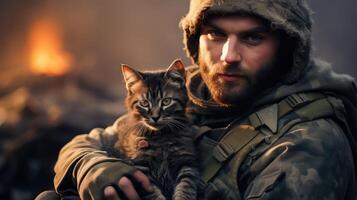 ai generato ritratto di un' militare uomo Tenere un' gattino foto