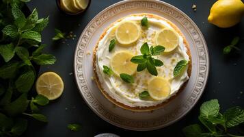 ai generato un' torta di formaggio guarnito con magro Limone fette e fresco menta le foglie posto su un' bianca piatto, alto tiro foto