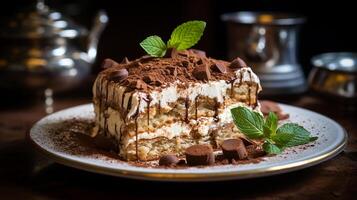 ai generato Tiramisù torta fetta con strati di mascarpone crema e cioccolato trucioli su un antico argento piatto, medio angolo tiro foto