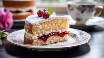 ai generato un' fetta di Vittoria spugna torta con fragola marmellata Riempimento servito su un' bianca piatto con un' pizzo tovaglia, medio angolo tiro foto