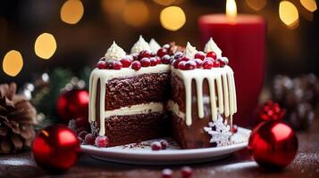 ai generato un' rosso velluto torta decorato con a tema invernale decorazioni, festivo tiro foto