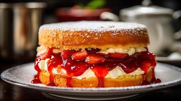 ai generato Vittoria spugna torta con soffice struttura, fragola marmellata Riempimento, e sormontato con in polvere zucchero posto su bianca piatto, avvicinamento tiro foto