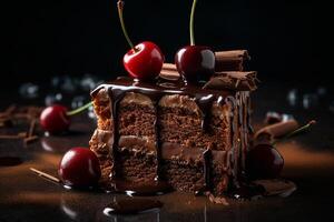 ai generato fetta di nero foresta torta con cioccolato ciliegia combinazione contro un' buio sfondo, macro tiro foto