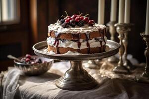 ai generato fatti in casa nero foresta torta su un' Vintage ▾ torta In piedi, medio angolo tiro foto