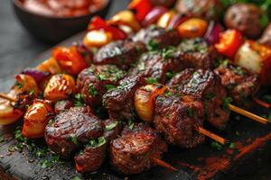 ai generato delizioso grigliato carne con verdure professionale pubblicità cibo fotografia foto