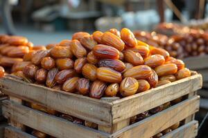 ai generato confezione date frutta su tavolo professionale pubblicità cibo fotografia foto