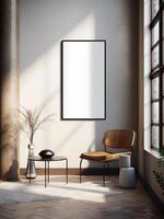 ai generato parete arte modello nel un' minimalista interno sfondo con un' sedia, luce del sole In arrivo attraverso un' finestra, moderno minimo interno foto