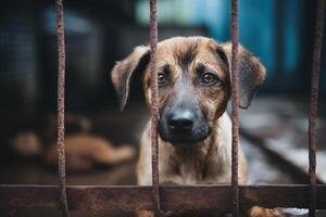 ai generato vagante senza casa cane nel animale riparo gabbia. triste abbandonato Affamato cane dietro a vecchio arrugginito griglia di il gabbia nel riparo per senza casa animali. cane adozione, salvare, Aiuto per animali domestici foto