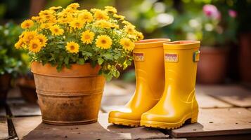 ai generato giardinaggio sfondo con vasi di fiori, giallo stivali nel soleggiato primavera o estate giardino. foto