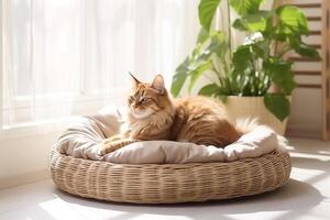 ai generato carino soffice gatto riposo nel un' animale domestico letto, spazio per testo. foto