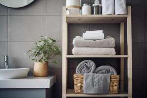 ai generato angolo di il bagno. scaffalature unità e cesti con pulito asciugamani e articoli da toeletta foto