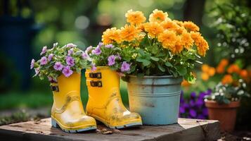ai generato giardinaggio sfondo con vasi di fiori, giallo stivali nel soleggiato primavera o estate giardino. foto