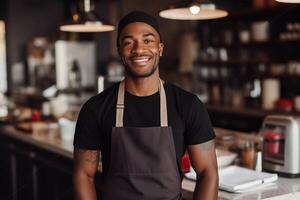 ai generato ritratto di afroamericano capocuoco nel il cucina nel un' ristorante. foto