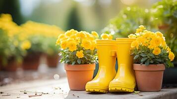 ai generato giardinaggio sfondo con vasi di fiori, giallo stivali nel soleggiato primavera o estate giardino. foto