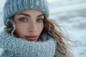 ai generato un' femmina top model nel un' bellissimo viaggio ritratto stile indossare un' Beanie berretto con stilizzato moderno neve foto