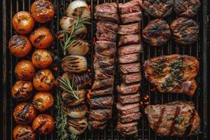 ai generato delizioso grigliato carne con verdure professionale pubblicità cibo fotografia foto