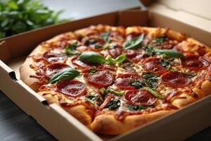 ai generato porta via o consegna Pizza scatola professionale pubblicità cibo fotografia foto