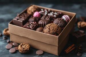 ai generato un' grande regalo scatola pieno con un' varietà di cioccolatini e biscotti professionale pubblicità cibo fotografia foto