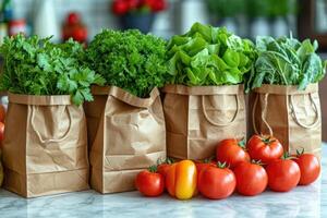 ai generato fresco produrre e drogheria borse seduta su superiore di un' controsoffitto professionale pubblicità cibo fotografia foto