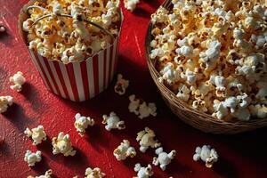 ai generato Popcorn popping nel a strisce cartone secchio professionale pubblicità cibo fotografia foto