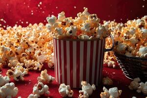 ai generato Popcorn popping nel a strisce cartone secchio professionale pubblicità cibo fotografia foto