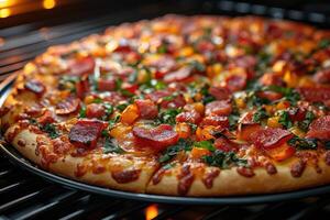 ai generato Visualizza dentro il forno vassoio cottura al forno Pizza professionale pubblicità cibo fotografia foto