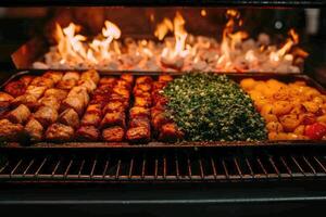 ai generato delizioso grigliato carne con verdure professionale pubblicità cibo fotografia foto