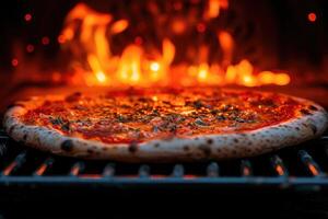 ai generato Visualizza dentro il forno vassoio cottura al forno Pizza professionale pubblicità cibo fotografia foto