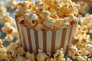 ai generato Popcorn popping nel a strisce cartone secchio professionale pubblicità cibo fotografia foto