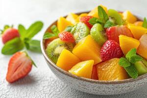 ai generato fresco misto frutta insalata nel un' ciotola professionale pubblicità cibo fotografia foto