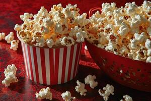 ai generato Popcorn popping nel a strisce cartone secchio professionale pubblicità cibo fotografia foto