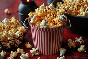 ai generato Popcorn popping nel a strisce cartone secchio professionale pubblicità cibo fotografia foto