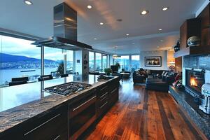 ai generato moderno cucina design con di legno pavimentazione interno professionale pubblicità fotografia foto